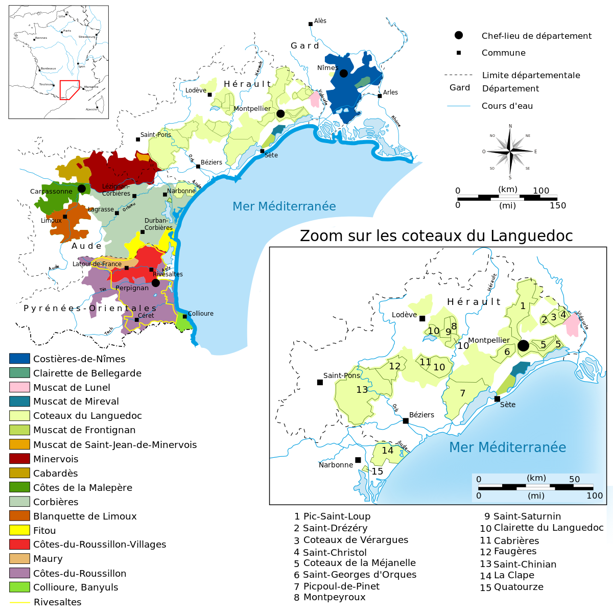 La carte des appellations viticoles du Languedoc-Roussillon